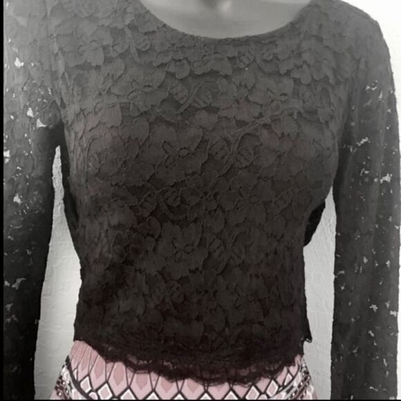 Express Black Lace Long Sleeve Open Back Crop Top Size XS - Picture 2 of 7